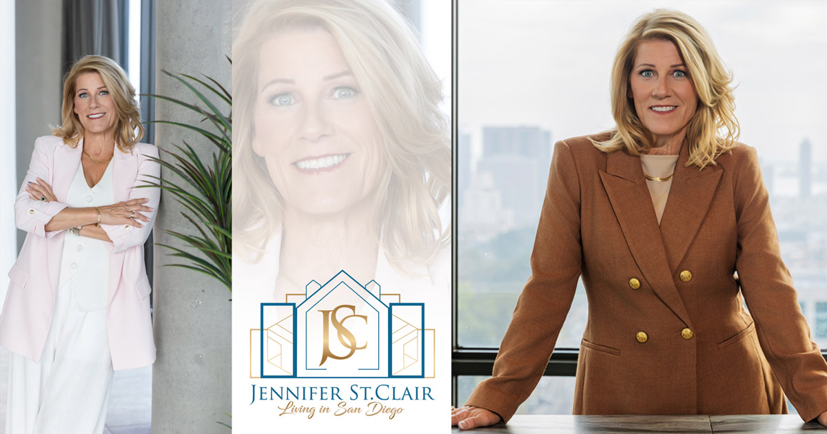 real-estate-agent-logo Jennifer St. Clair real estate agent logo lockup with JSC monogram and house silhouette shown between two professional headshot portraits