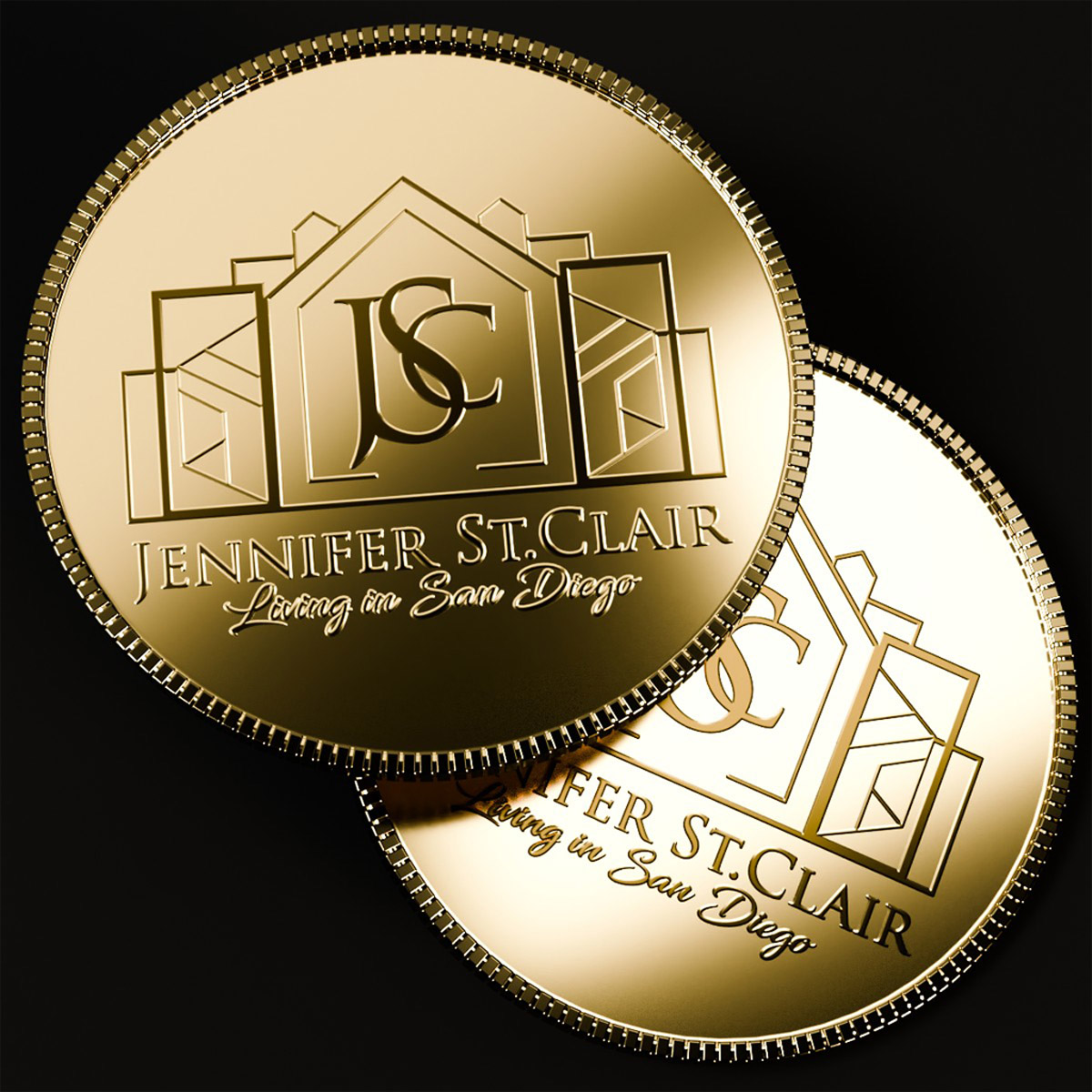 real-estate-agent-logo-gold-coin Custom real estate agent logo embossed on a gold coin showing fine detail at small scale