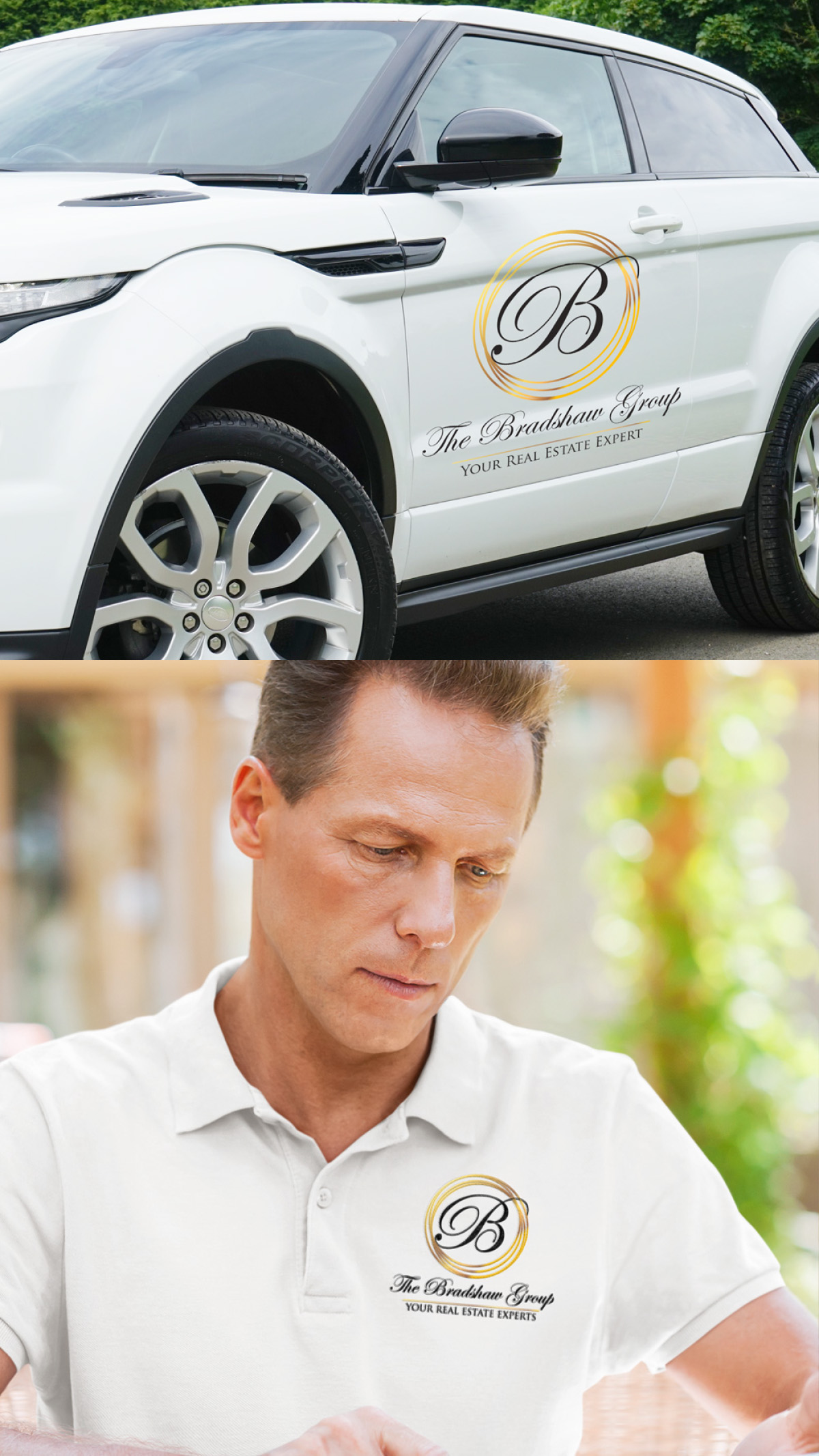 Real estate branding logo applied to a white SUV door decal and an embroidered team polo shirt.