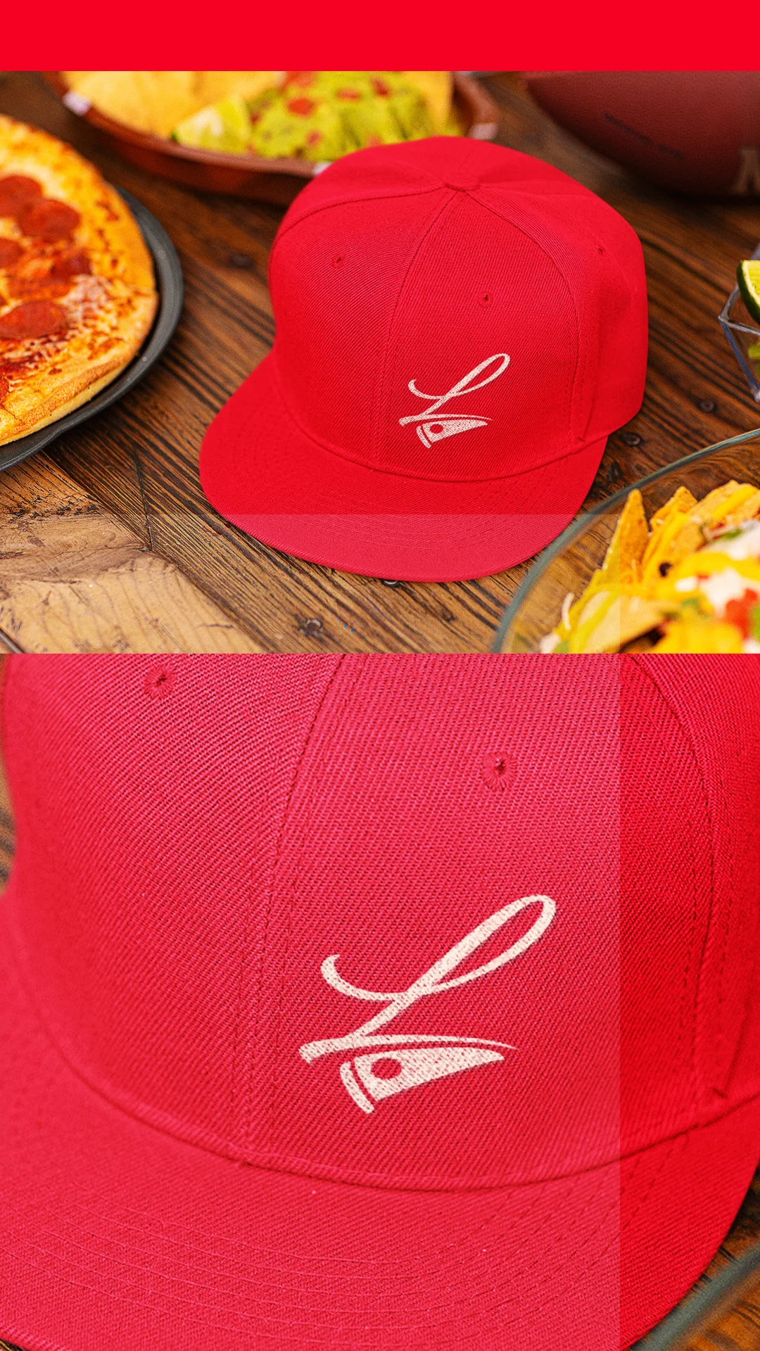 red-branded-pizzeria-baseball-cap Red baseball cap embroidered with the Lorenzo's pizza slice logo beside a pizza.