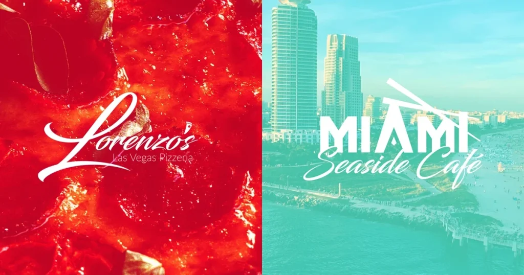 Split image pairing a red pepperoni pizza close-up with a teal Miami beach view.
