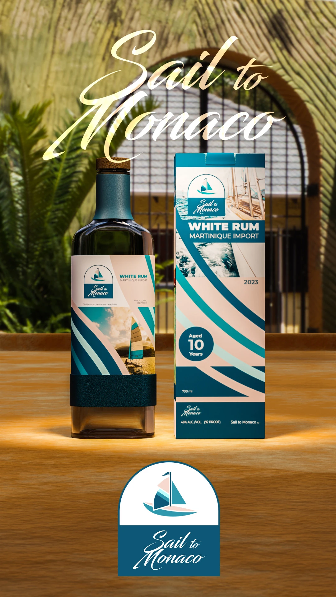rum-bottle-brand-packaging-design White rum bottle and matching box branded with the Sail to Monaco sailboat logo.