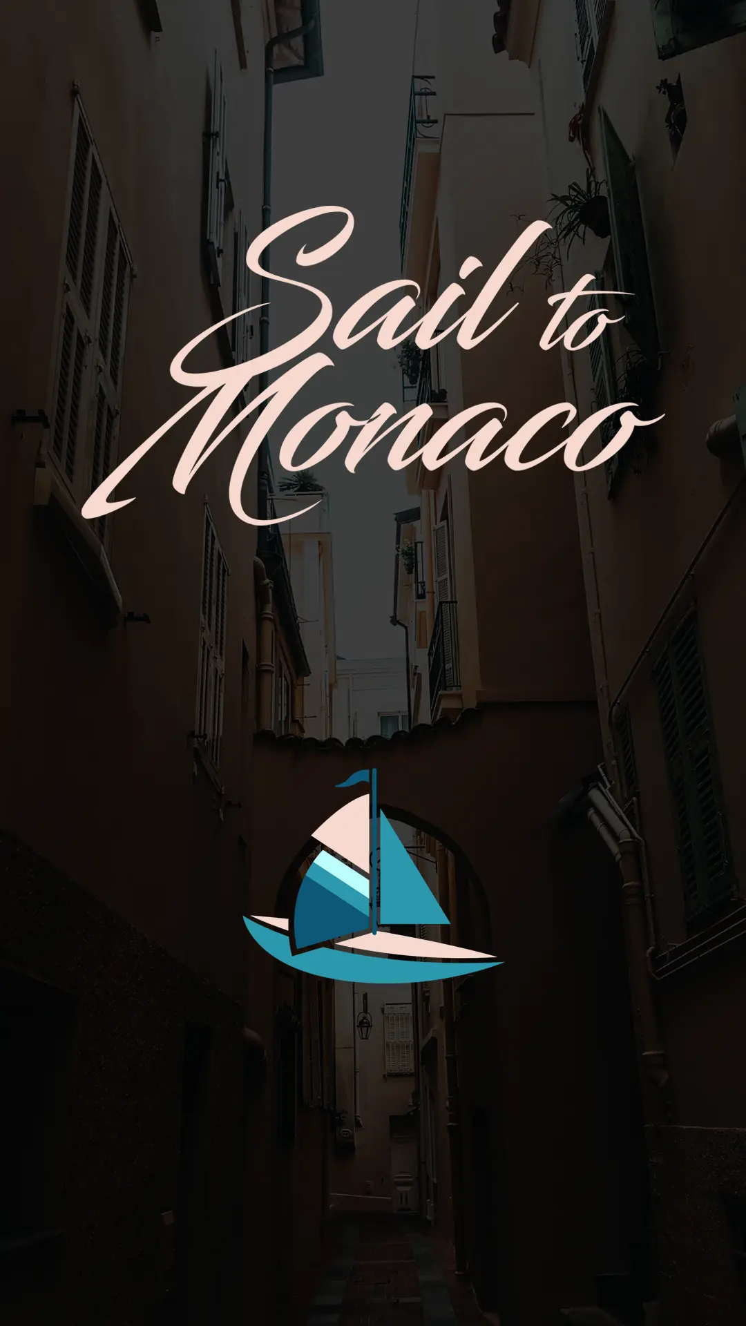 sail-to-monaco-logo-monaco-alley Sail to Monaco arch badge logo displayed on a Monaco alley street setting