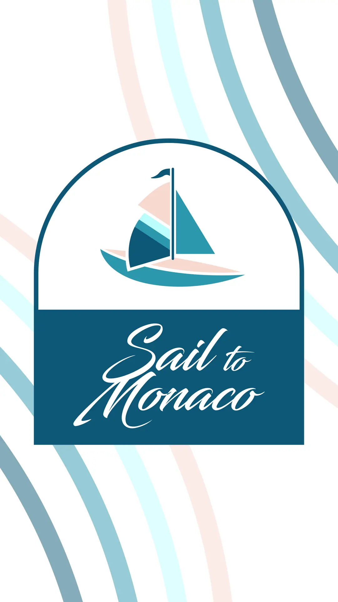 sail-to-monaco-logo-wave-stripes Sail to Monaco logo mark featuring wave stripes and sailboat in navy and teal