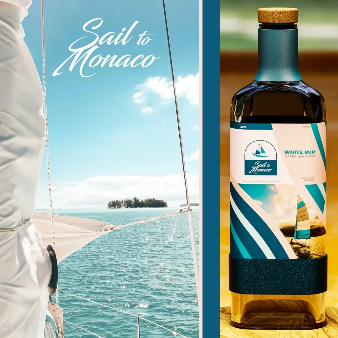 sail-to-monaco-rum-bottle-and-sailboat Sailboat deck view beside a white rum bottle with a sunset sail label.