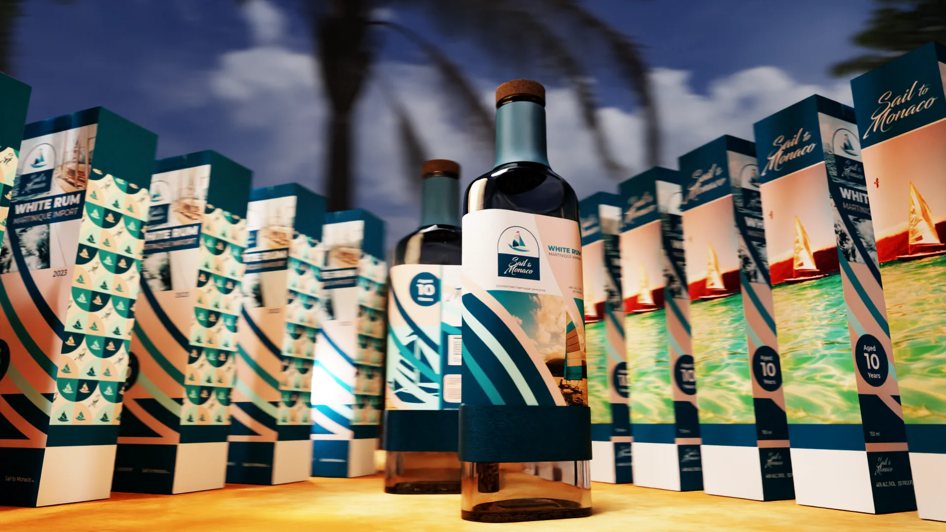 sail-to-monaco-white-rum-bottles White rum bottles and packaging boxes lined up under a tropical sky, alcohol branding design.
