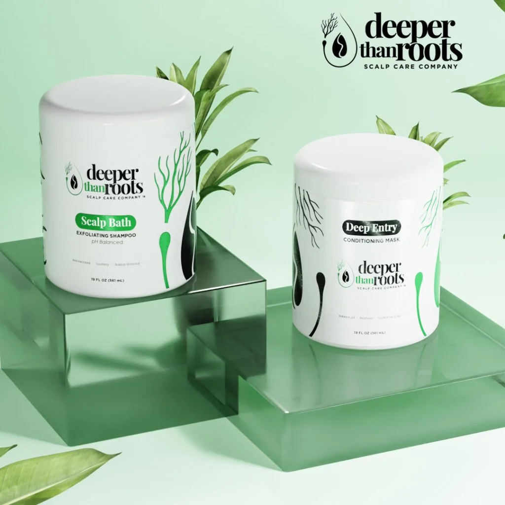 shampoo-conditioner-jars-glass-risers Two white haircare jars on green glass risers surrounded by floating botanical leaves