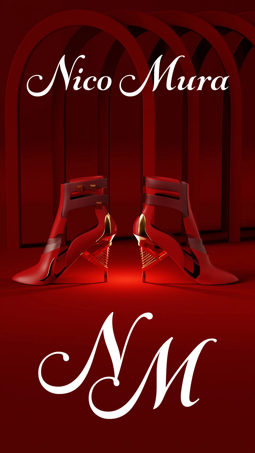 shoe-brand-identity-design-services Red high-heeled ankle boots posed beneath the Nico Mura brand name and monogram.