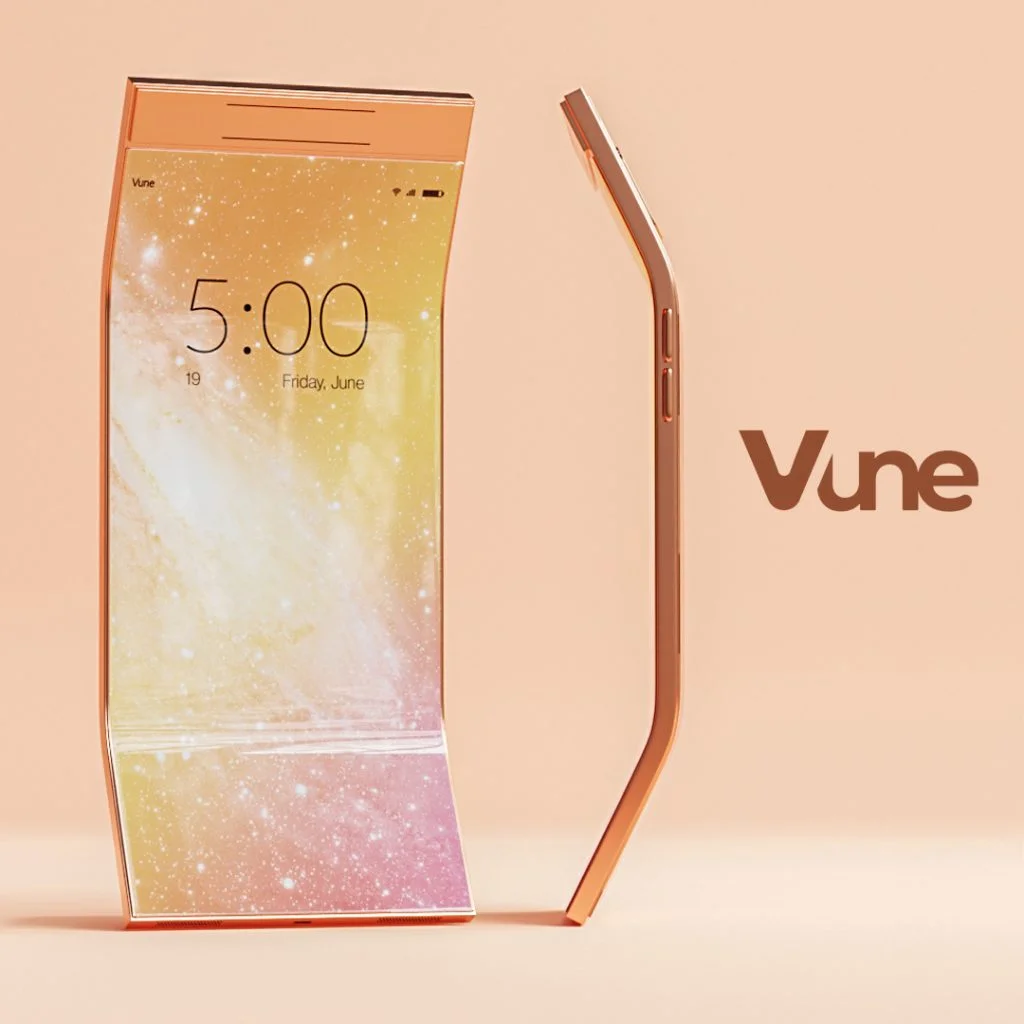 smartphone-front-and-side-profile Curved smartphone shown from the front with its thin side profile beside it