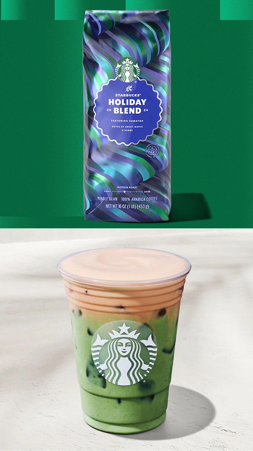 starbucks-holiday-blend-bag-iced-drink Starbucks Holiday Blend coffee bag stands beside a green and orange iced beverage.