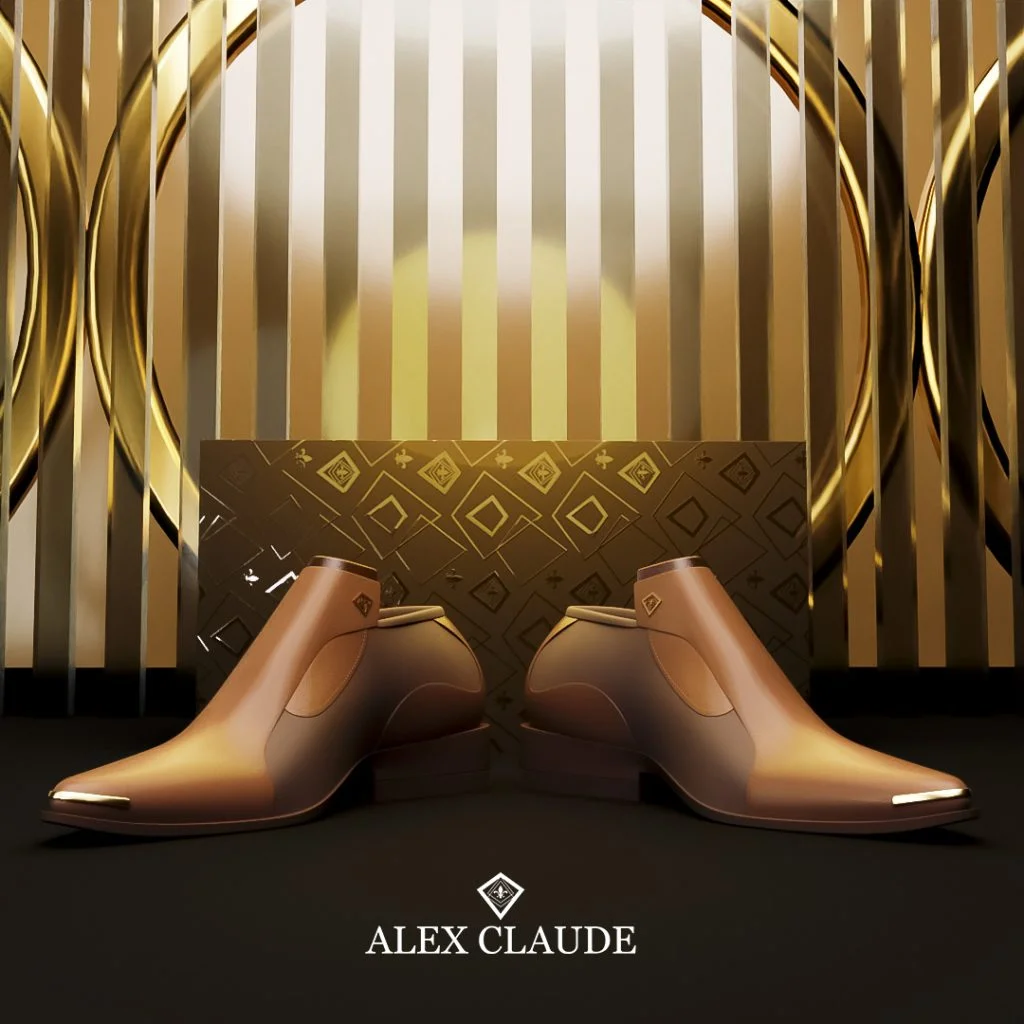 tan-leather-shoes-gold-backdrop Two tan leather shoes positioned forward against a gold striped backdrop in a product render