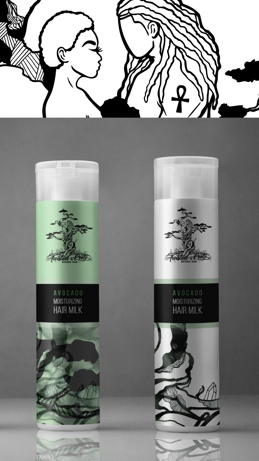 twisted-rootz-avocado-hair-milk-bottles Two Twisted Rootz avocado moisturizing hair milk bottles stand beside their line art label.