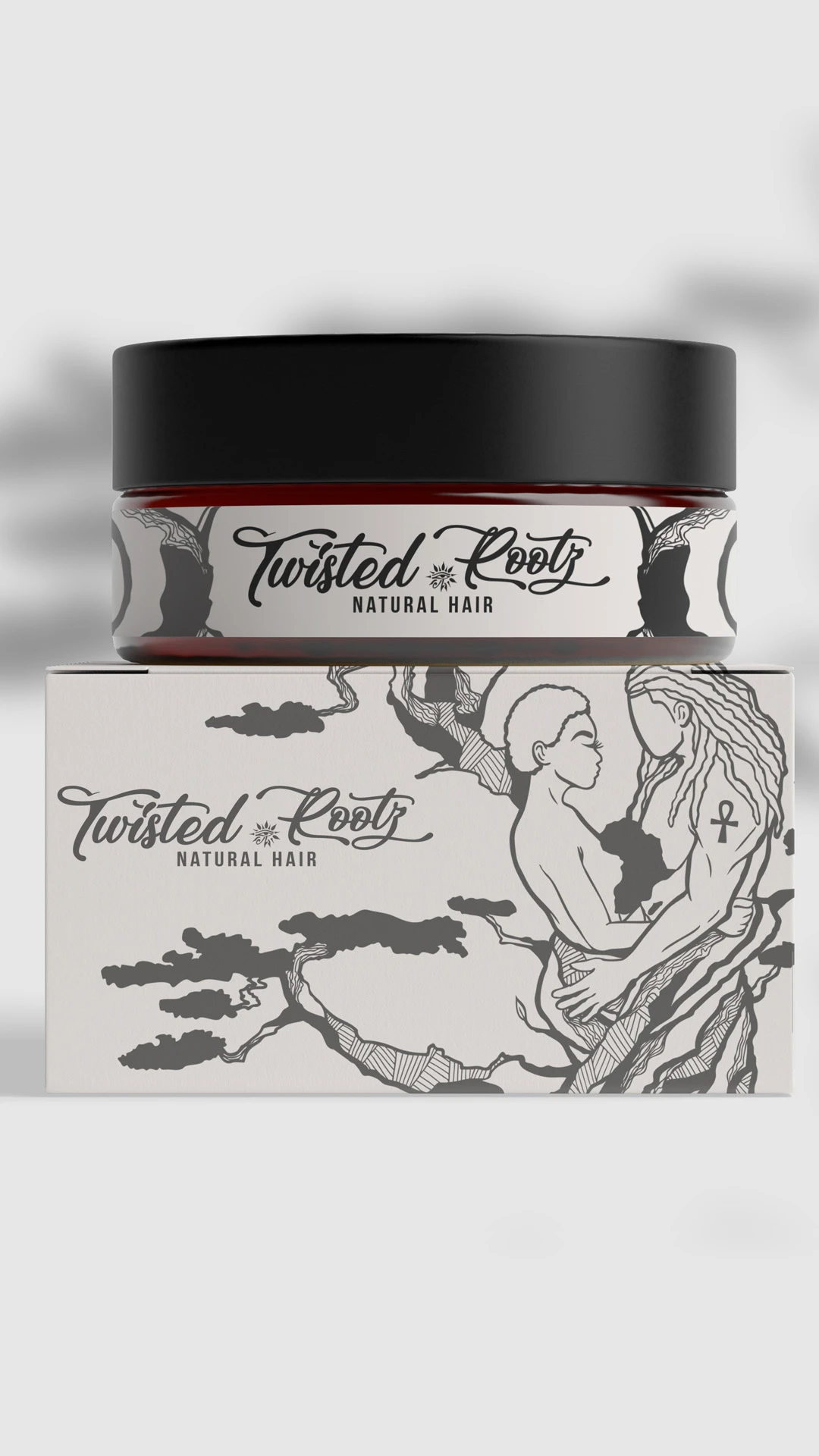 twisted-rootz-hair-product-jar-box Twisted Rootz natural hair product jar sits on its illustrated retail packaging box.