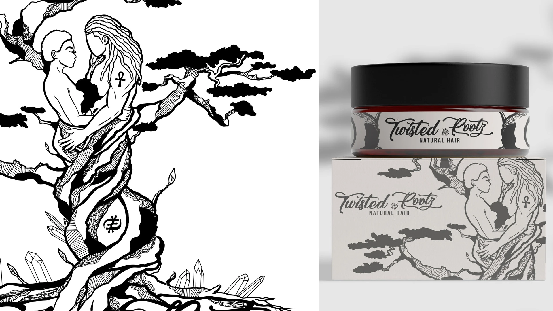 twisted-rootz-tree-illustration-product-mockup Twisted Rootz tree illustration displayed beside a hair product jar and packaging box.