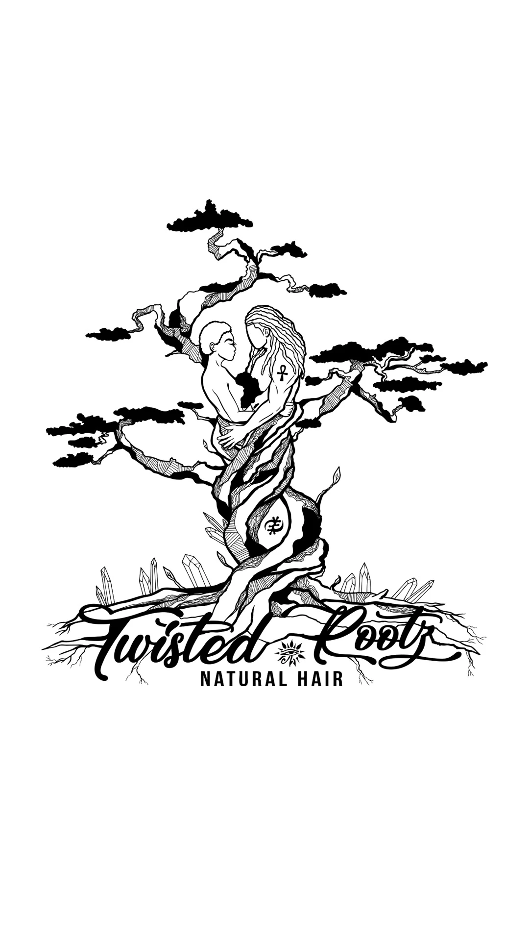 twisted-rootz-tree-logo-design-art Bonsai tree with an embracing couple, logo design art for Twisted Rootz Natural Hair.