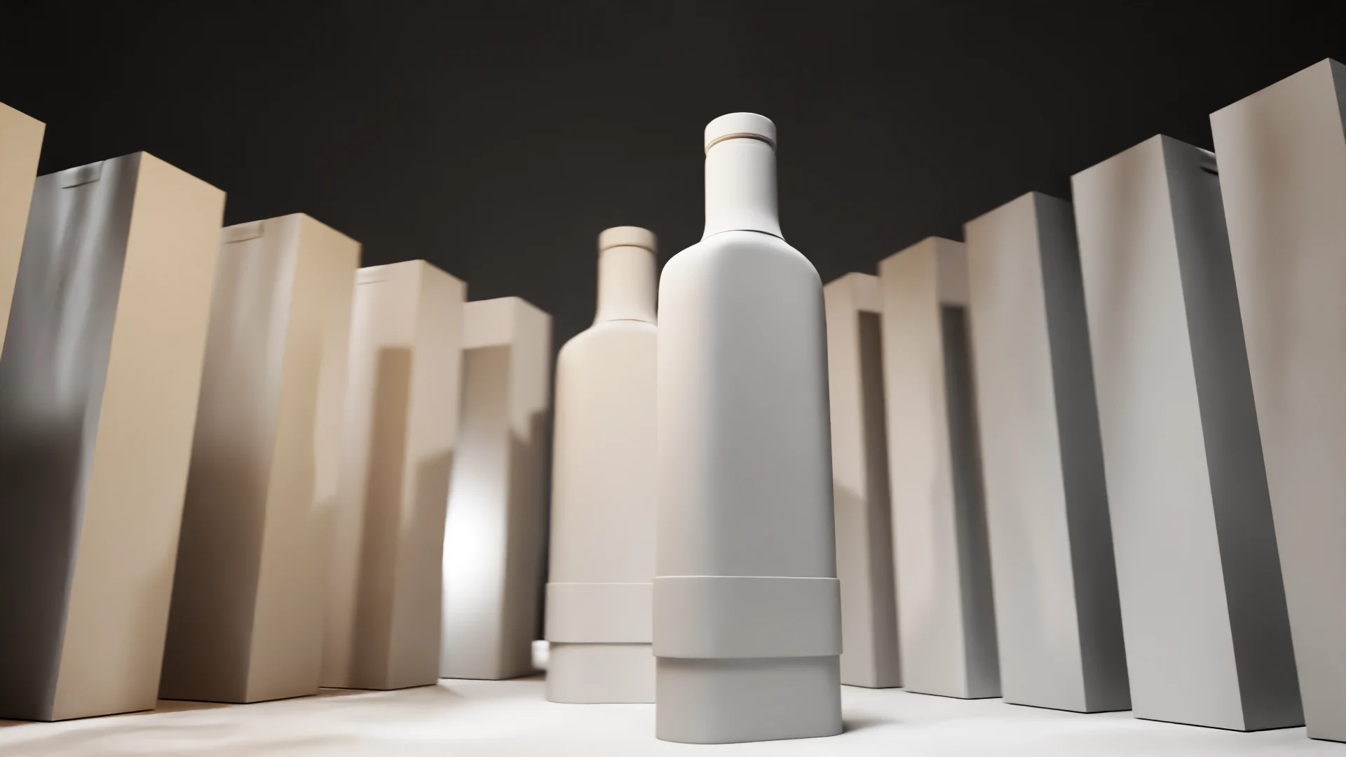 white-clay-render-bottle-lineup Matte white and beige 3D bottle renders standing among tall angled panels, alcohol branding mockup.