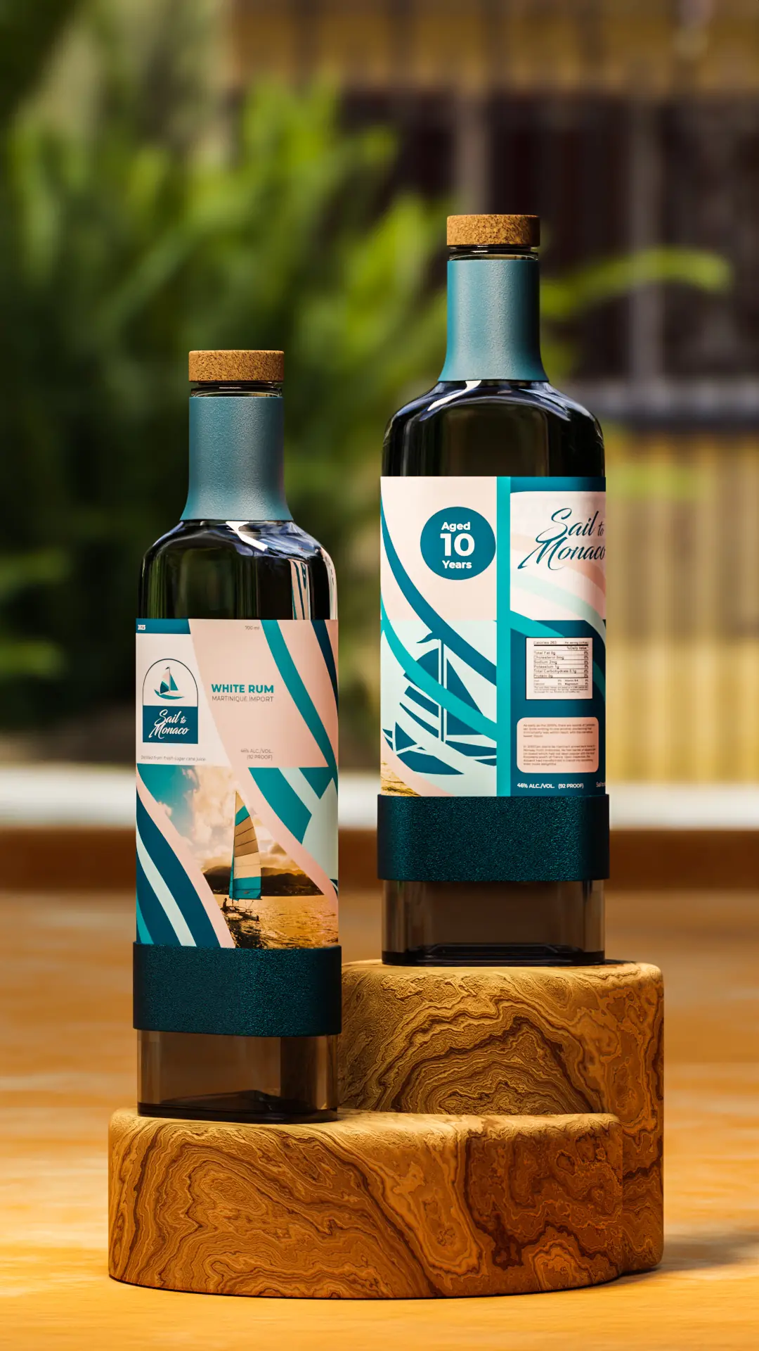 white-rum-bottles-on-wood-podiums Three white rum bottles arranged on wooden podiums showing full label design