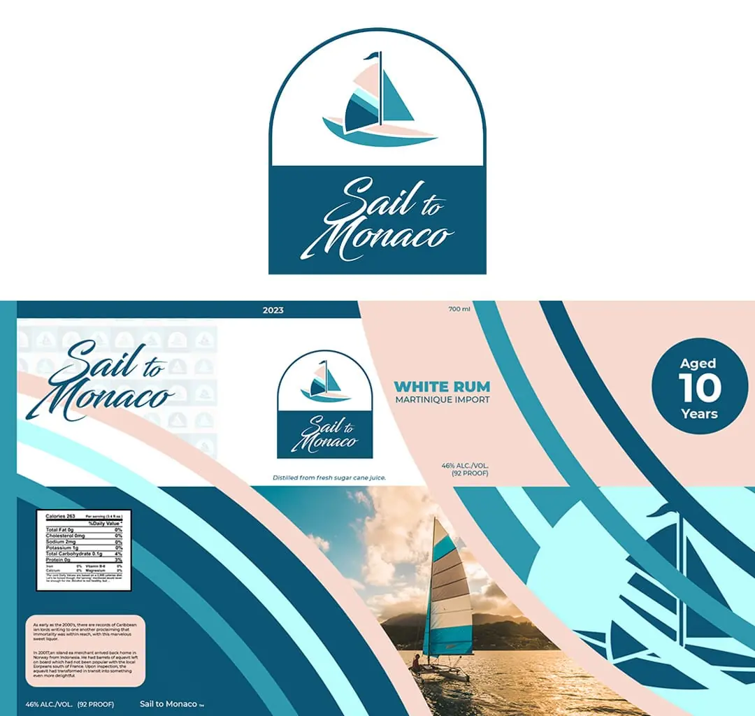 white-rum-label-artwork-and-logo Sail to Monaco logo above the flat white rum label artwork with nutrition panel.