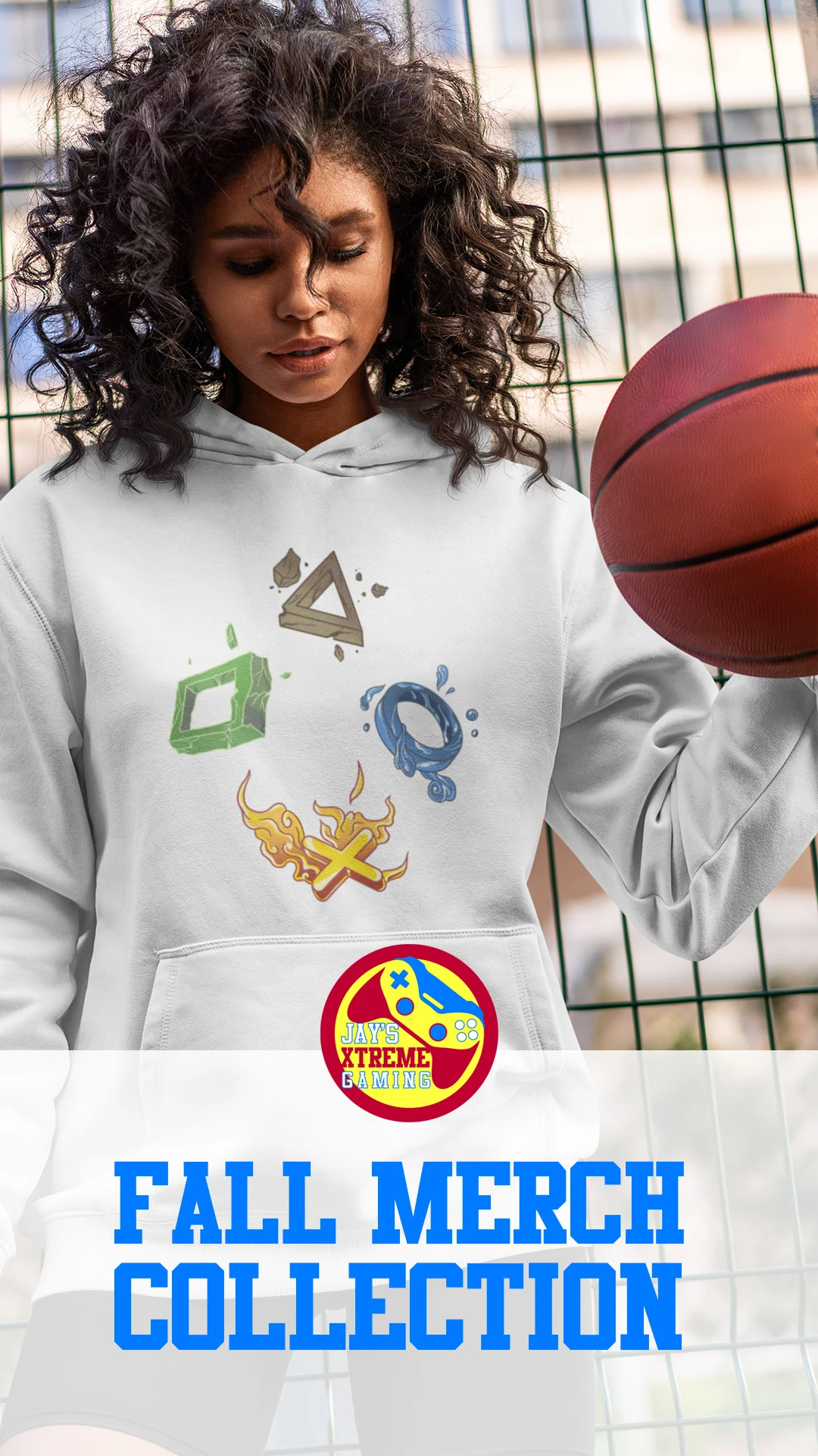 woman-basketball-white-gaming-hoodie Woman holding a basketball wears a white hoodie with a colorful gaming-themed graphic print.