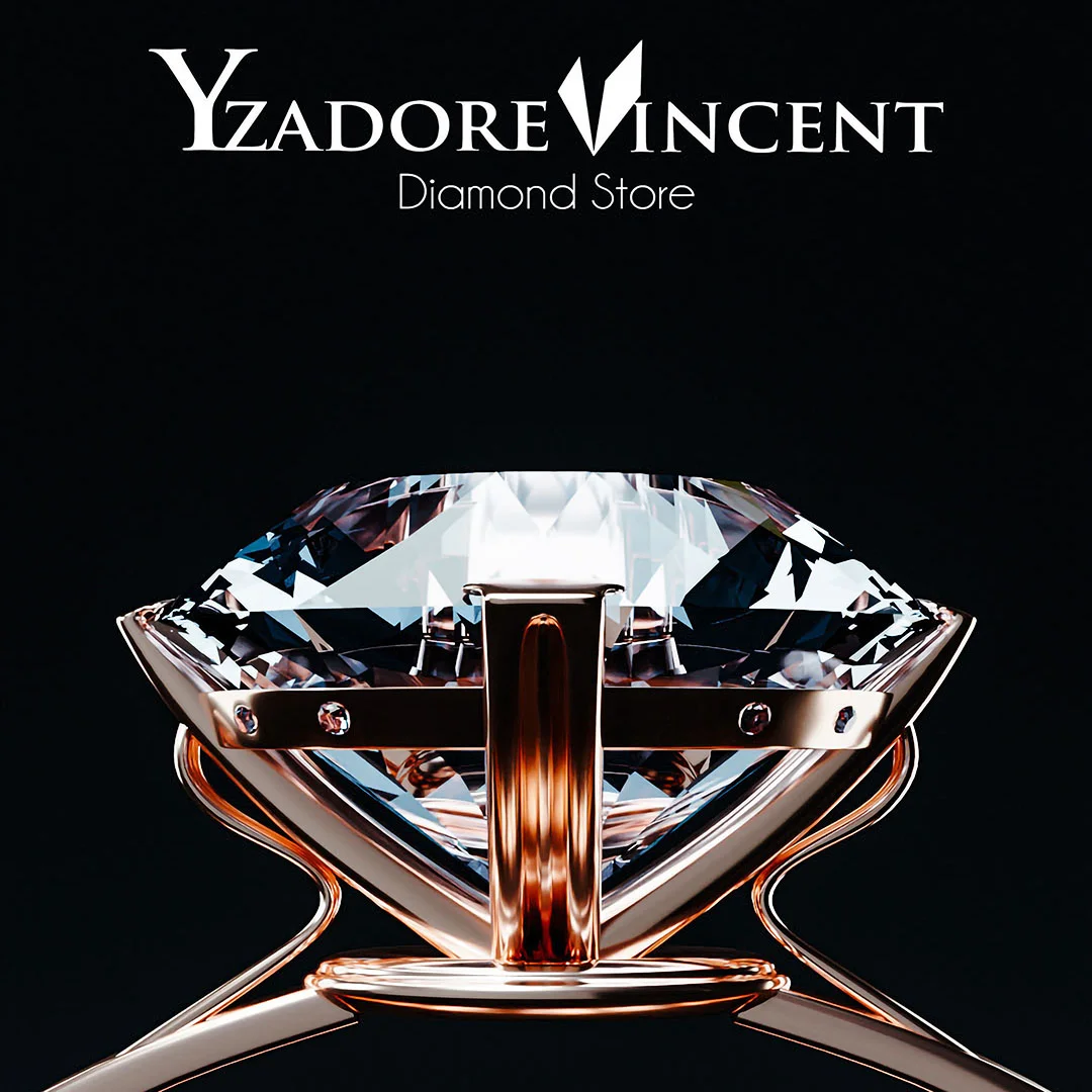 yzadore-vincent-diamond-ring-closeup Close-up of a large diamond in a rose gold setting under the Yzadore Vincent logo.