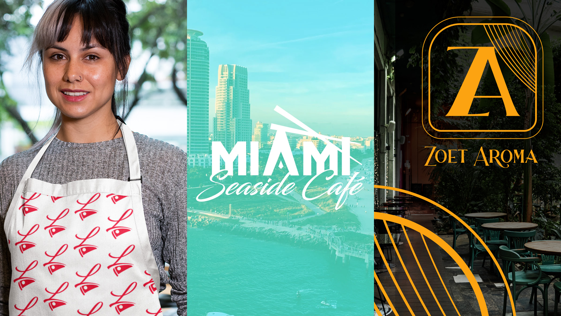 3 restaurant branding branding design Restaurant branding design collage: Lorenzo's apron pattern, Miami Seaside Café logo, and Zoet Aroma logo on a patio