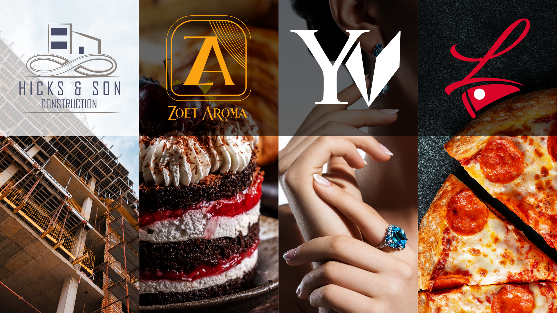 Industry design brand logo collage Four-panel collage of a construction site, layered cake, gemstone ring, and pepperoni pizza.