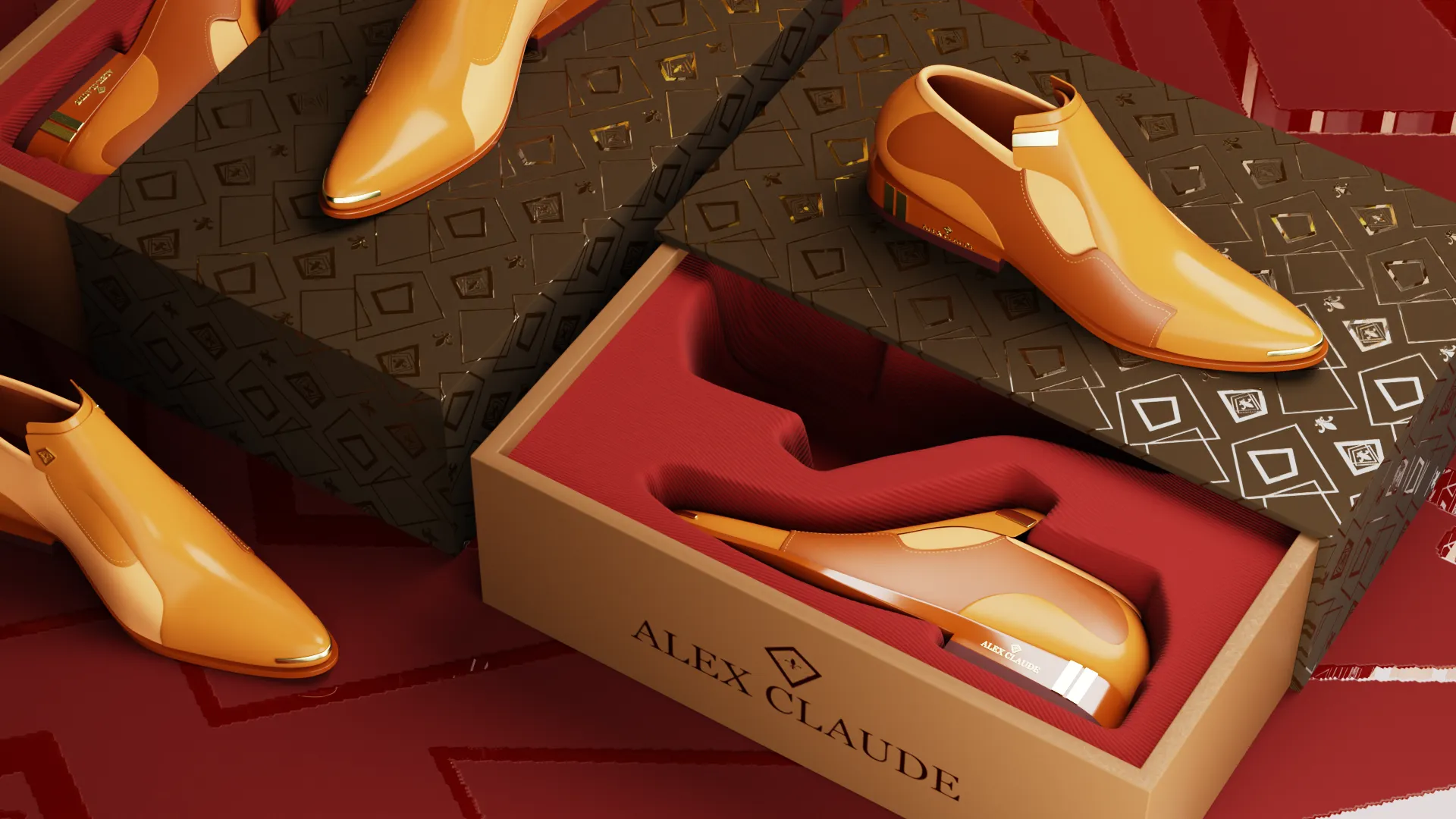 Tan leather Alex Claude shoes displayed beside their patterned brown shoe boxes Tan leather Alex Claude shoes displayed beside their patterned brown shoe boxes.