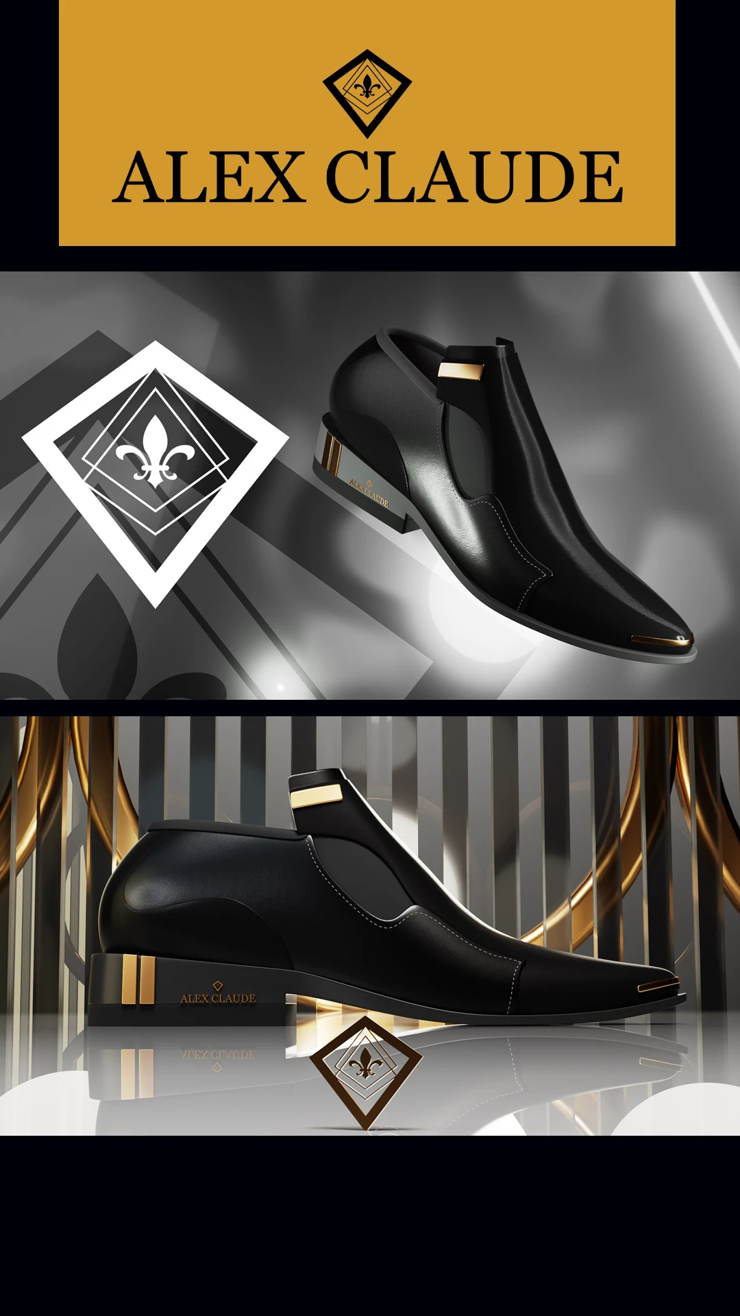 alex-claude-black-dress-shoe Black Alex Claude dress shoe with gold trim shown against a gold and black background.