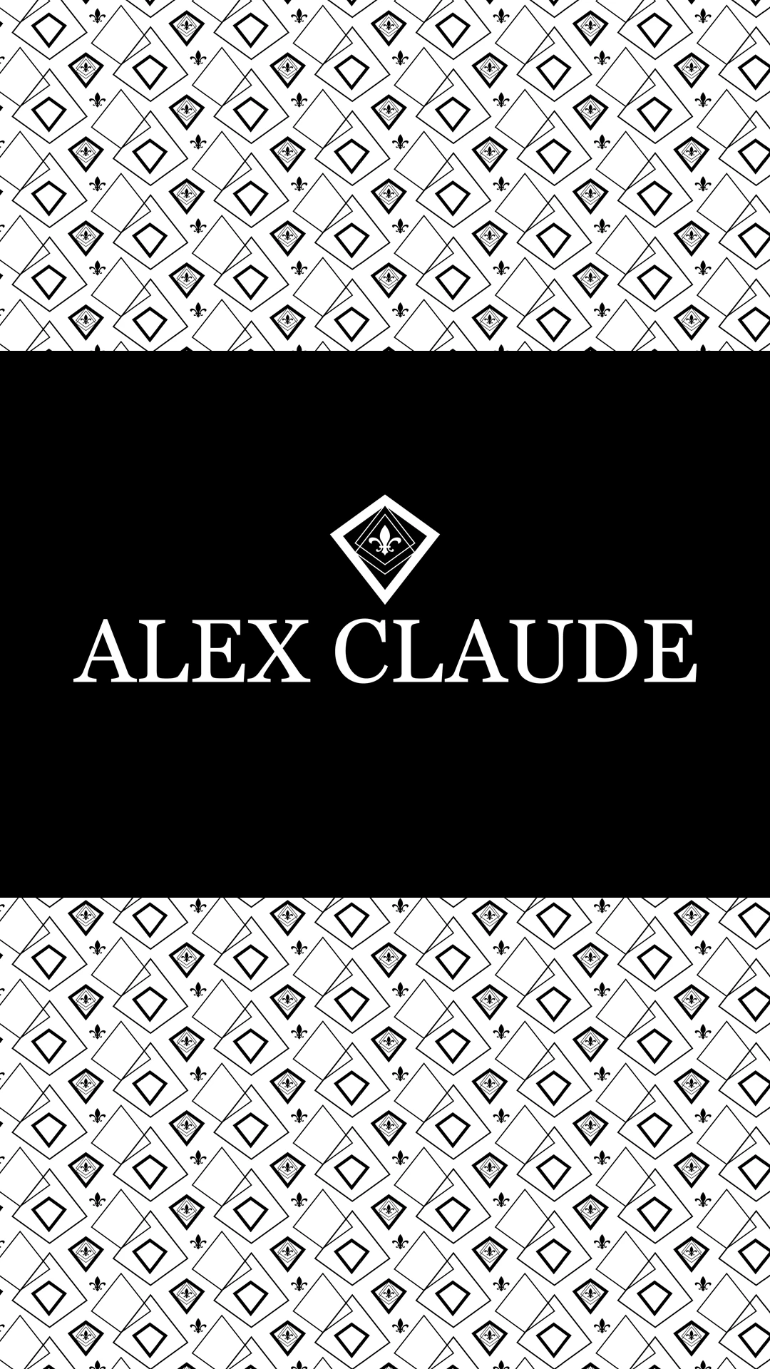 alex-claude-diamond-pattern-banner Alex Claude logo centered on a black banner between diamond-patterned borders.