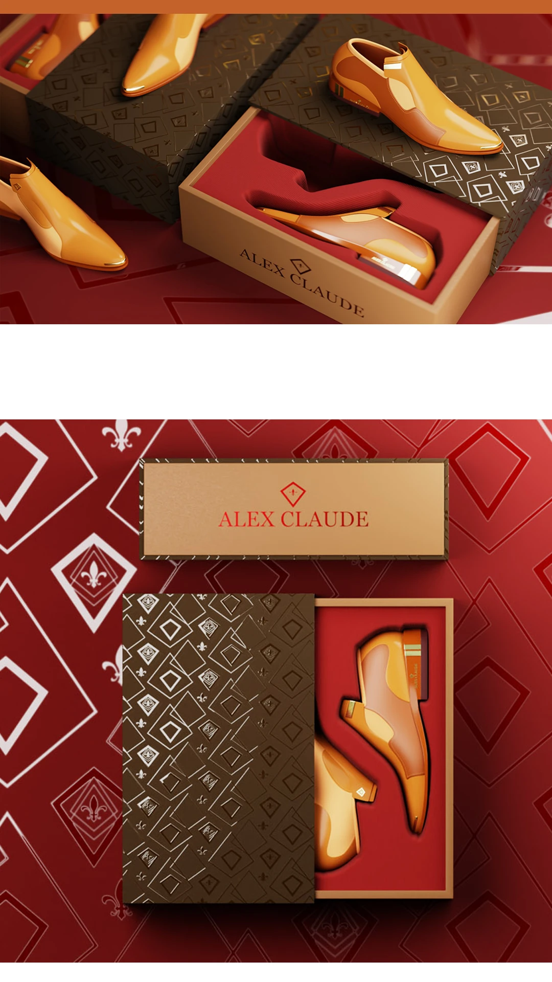 alex-claude-shoe-box-packaging Alex Claude shoe boxes and tan leather shoes displayed on a red patterned background.