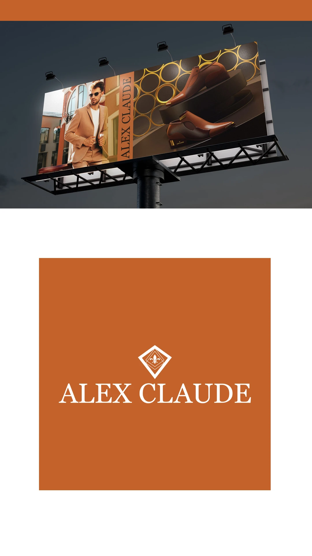 alex-claude-shoe-brand-billboard Billboard advertisement for Alex Claude featuring a man in a suit and brown shoes.