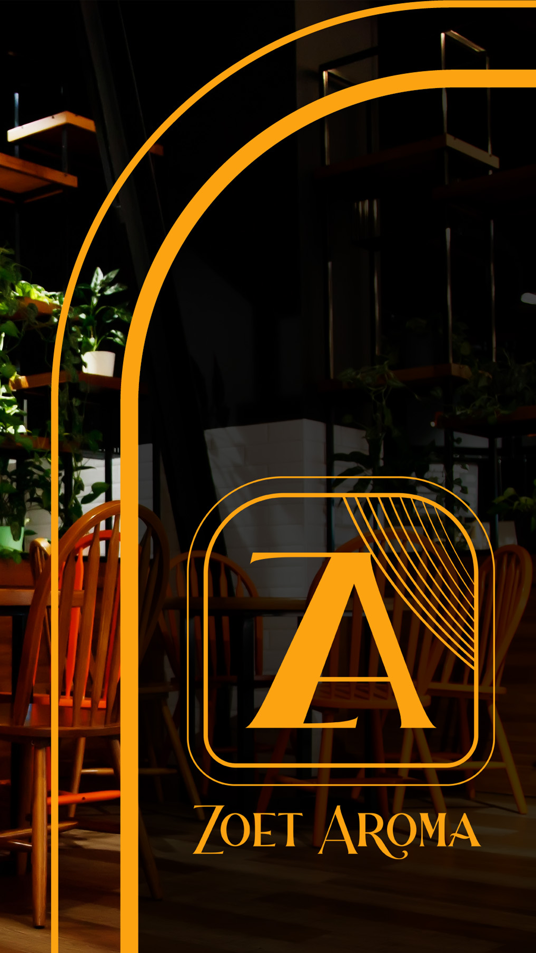 bakery branding design restaurant Orange Zoet Aroma logo and arched lines over a dim cafe with wooden chairs and plants.