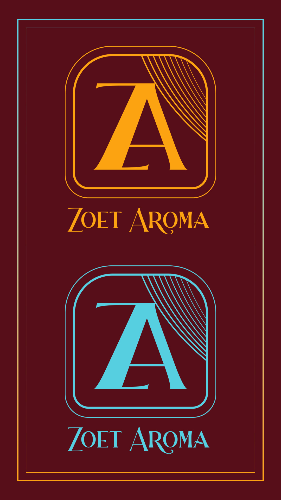 bakery branding design work Orange and cyan Zoet Aroma logos stacked on a dark maroon background with thin borders.
