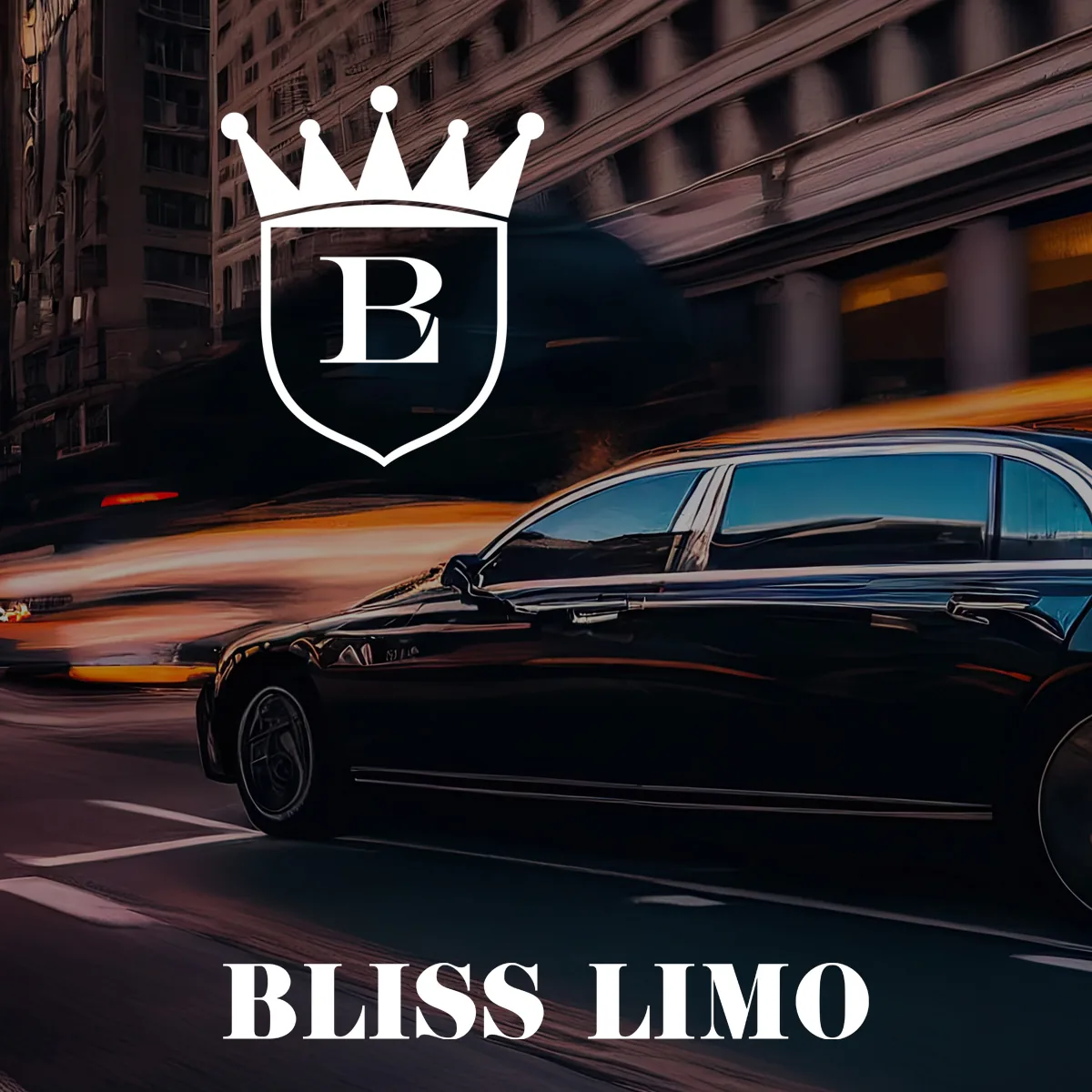 Bliss Limo black car industry design Black limousine speeding past city buildings under a white crown shield logo and Bliss Limo text.