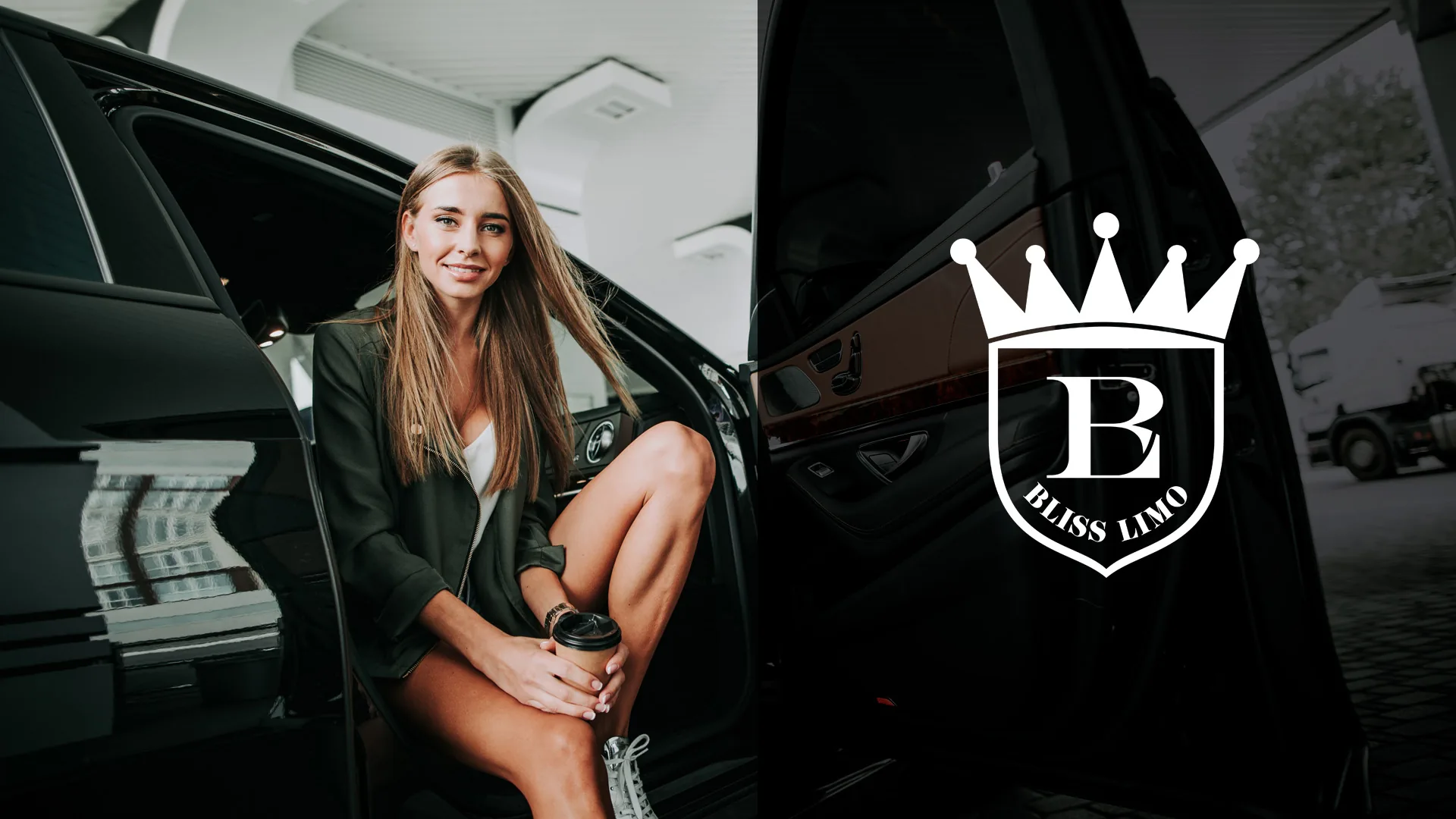 Bliss Limo industry design woman black car Smiling woman holding a coffee cup sitting in an open black limousine door.