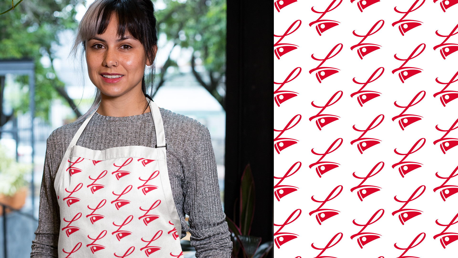 branded-pizza-apron-logo-pattern Apron printed with the Lorenzo's script L and pizza slice monogram beside the red and white pattern tile