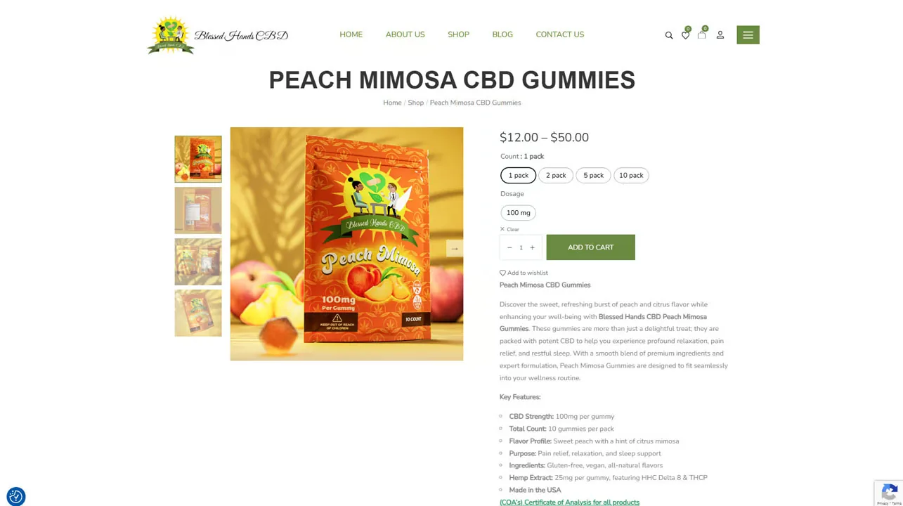 cbd-gummies-product-page-website-design Ecommerce product page showing an orange peach gummies pouch with pricing and pack options, CBD website design.