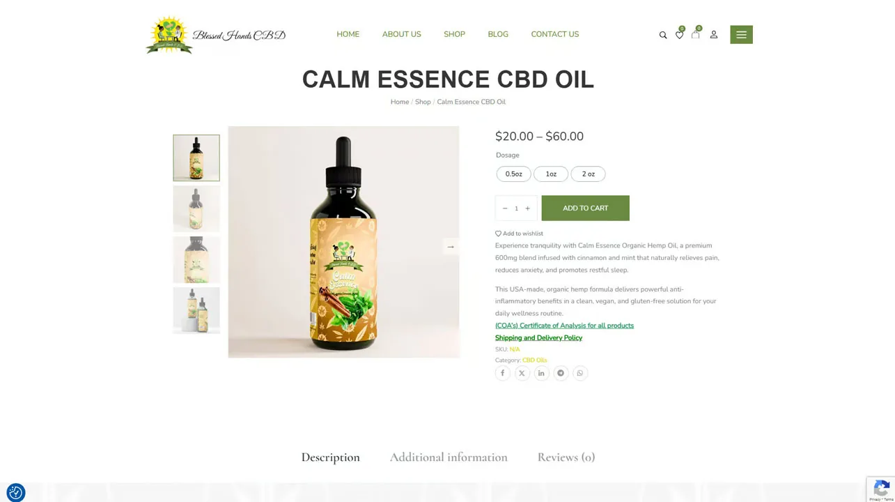 cbd-oil-product-page-website-design Product page featuring a dark dropper bottle with a tan label and dosage options, CBD oil website design.