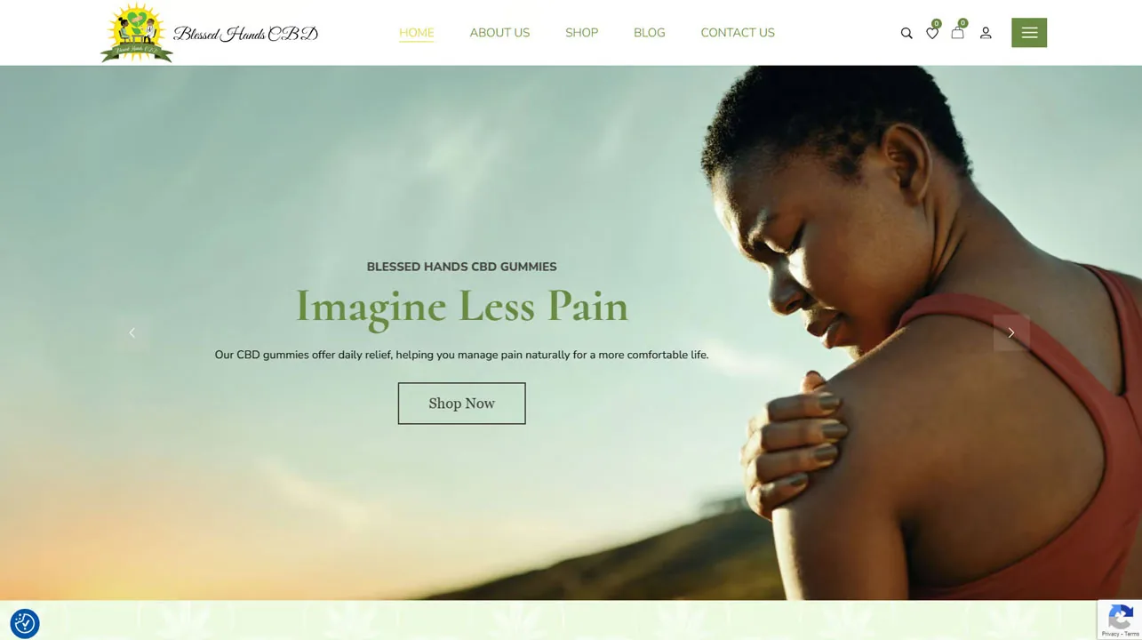 cbd-store-homepage-hero-website-design Homepage hero with a woman holding her shoulder beside a green headline, CBD store website design.