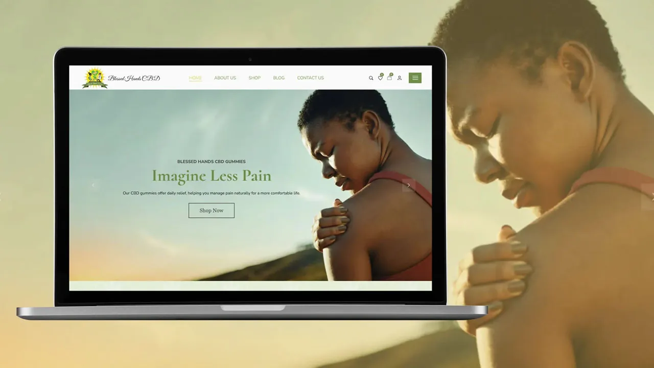 cbd-store-website-design-laptop-mockup Laptop displaying a CBD gummies homepage with a woman holding her shoulder, an ecommerce website design mockup.