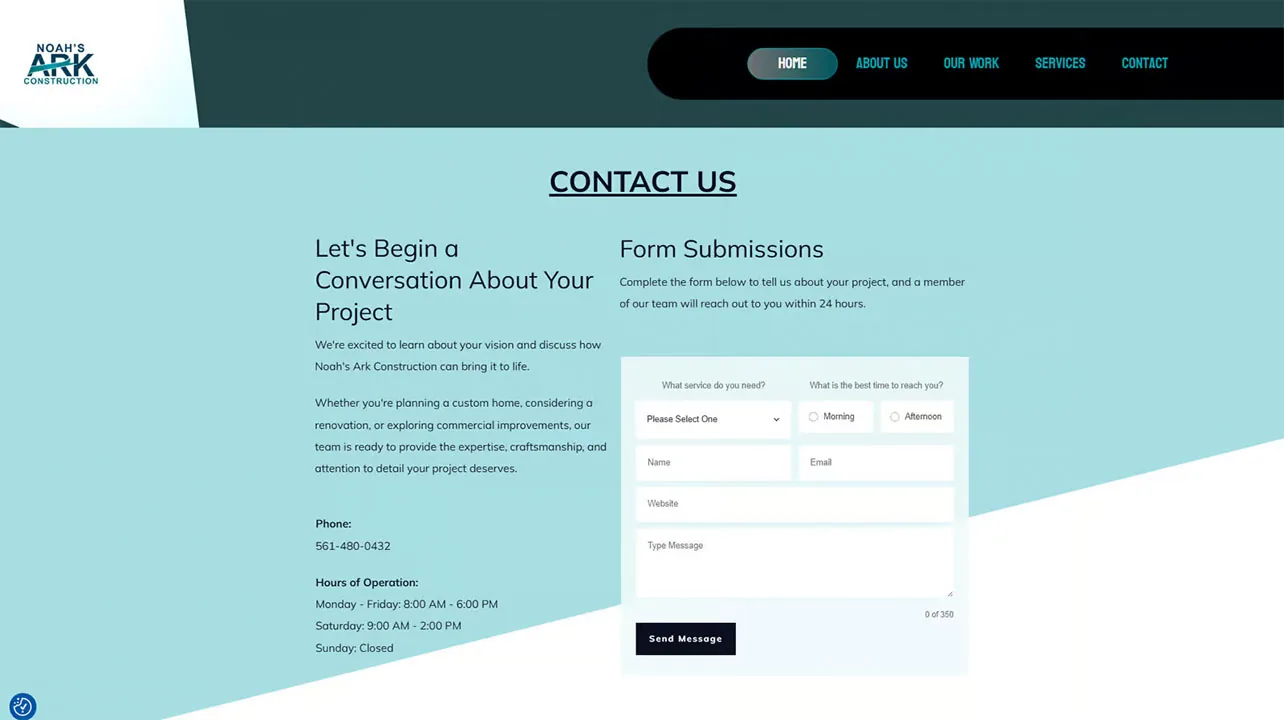 construction-company-contact-page-website-design Light teal contact page with a project inquiry form and business hours, construction company website design.