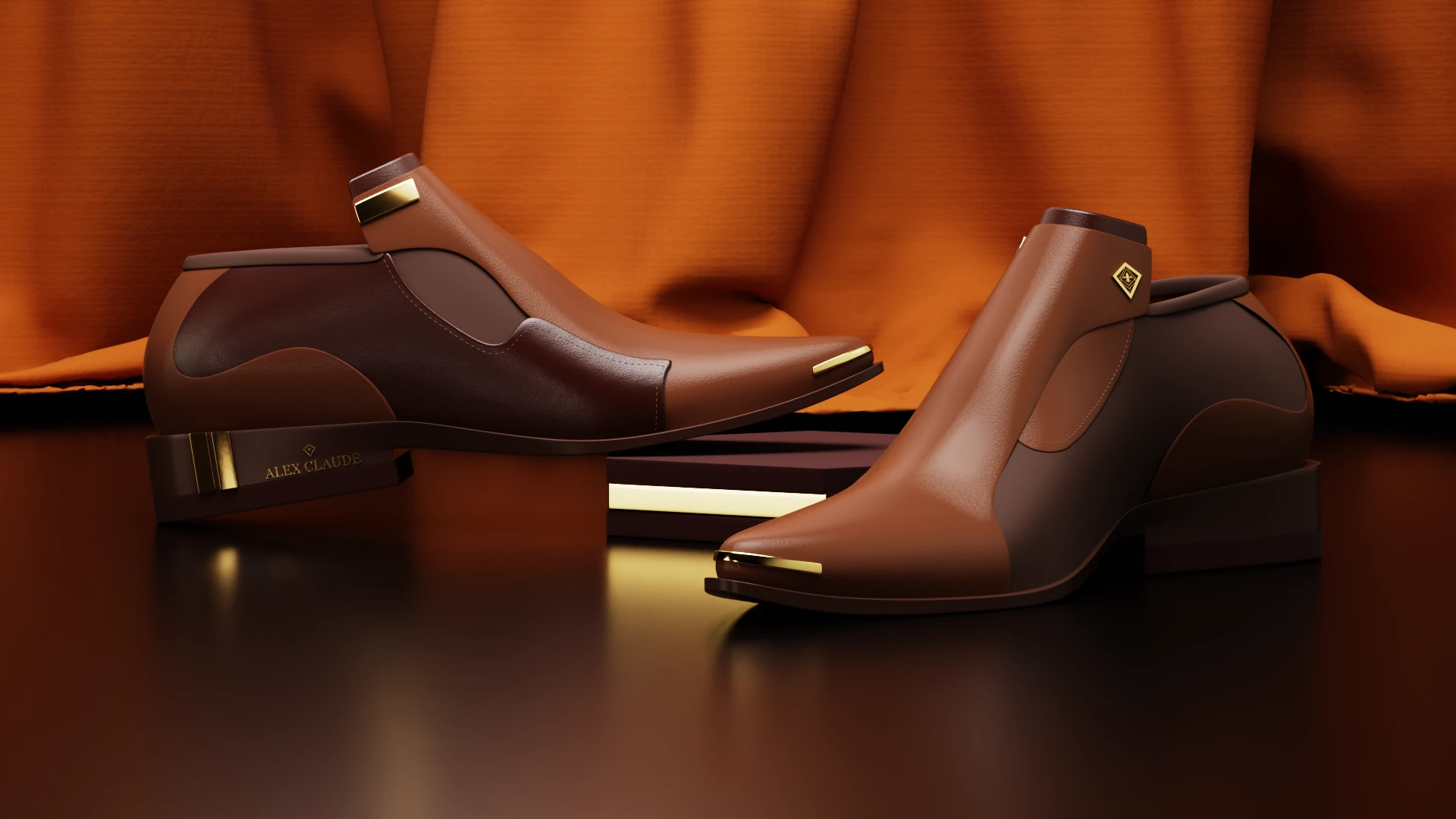 creative-services-alex-claude-leather-shoe-product-render Brown leather Alex Claude loafer and boot with gold accents on an orange fabric backdrop.