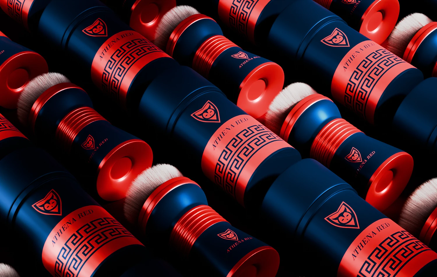 Creative Services Athena Red Brush Packaging Pattern Rows of navy and red Athena Red makeup brushes arranged in a repeating packaging pattern.