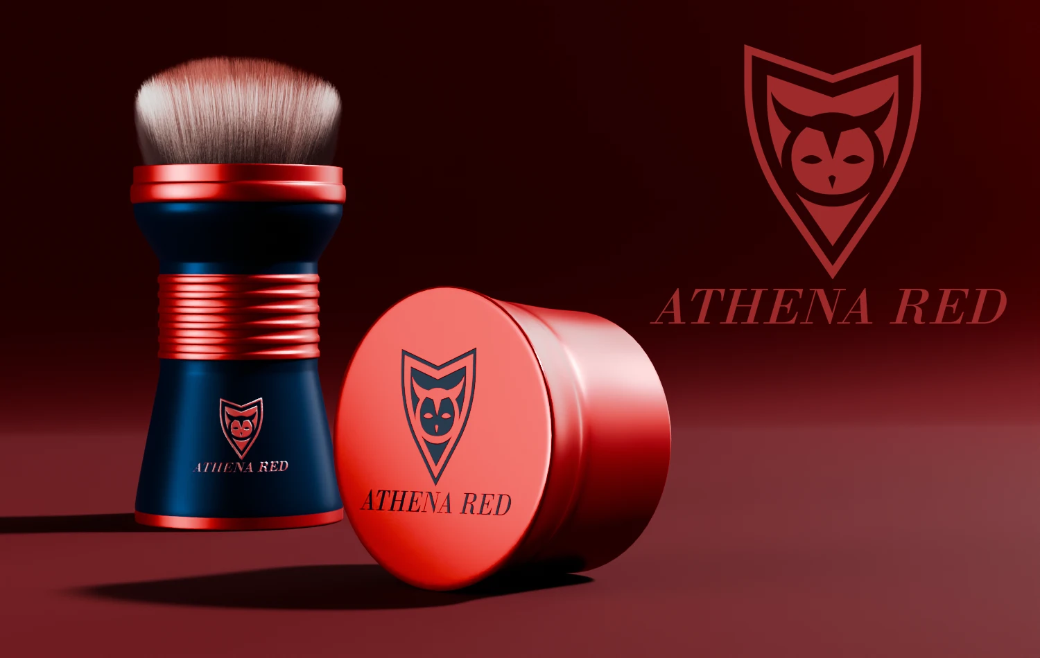 Creative Services Athena Red Makeup Brush Packaging Design Navy and red Athena Red makeup brush and powder jar branded with an owl shield logo.