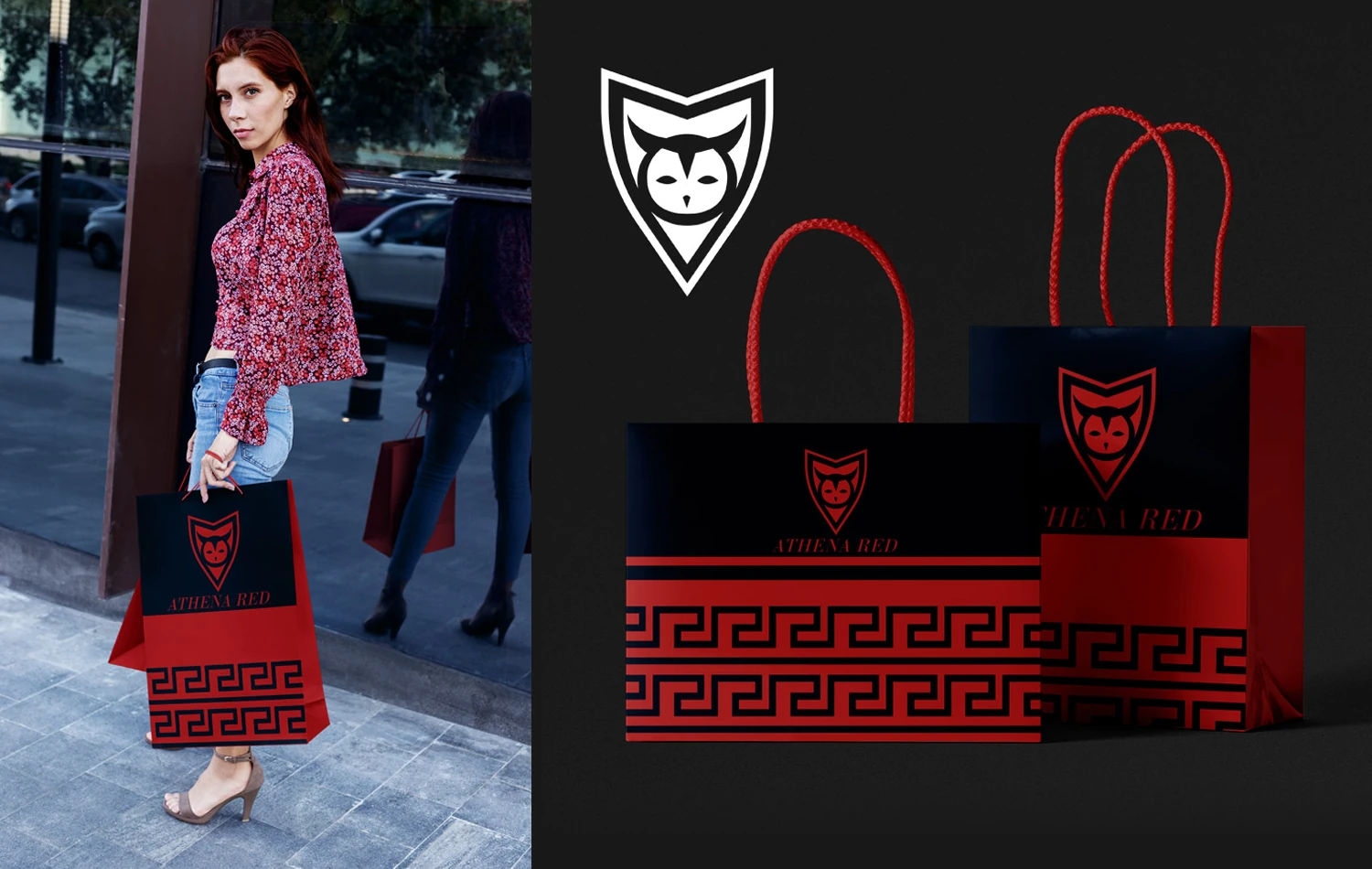 Creative Services Athena Red Shopping Bag Branding Woman carrying a black and red Athena Red shopping bag printed with an owl logo and Greek key pattern.