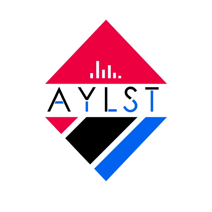 creative-services-aylst-logo-design Red, black, and blue diamond shaped AYLST logo featuring a sound wave icon.
