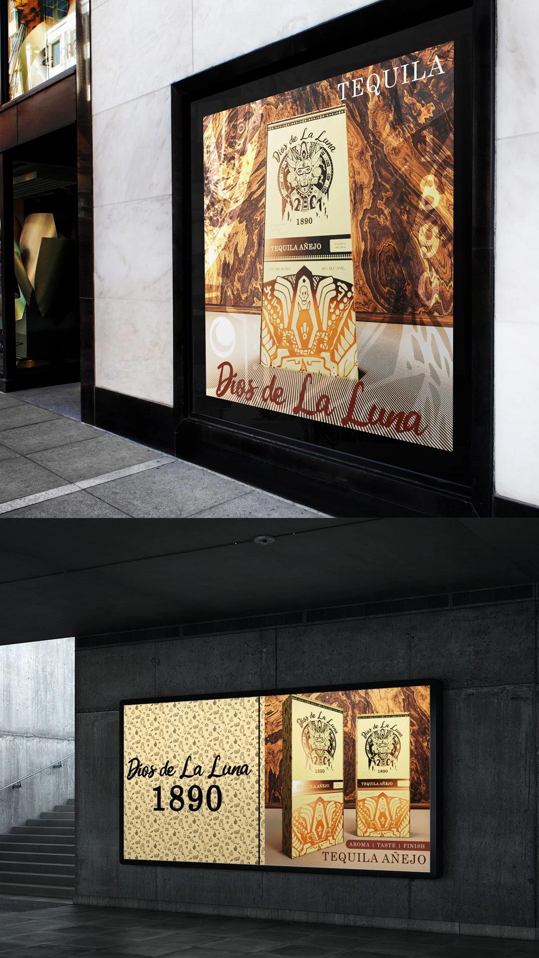 creative-services-dios-de-la-luna-tequila-advertising-mockup Dios de la Luna tequila advertisement displayed in a storefront window and an outdoor billboard.