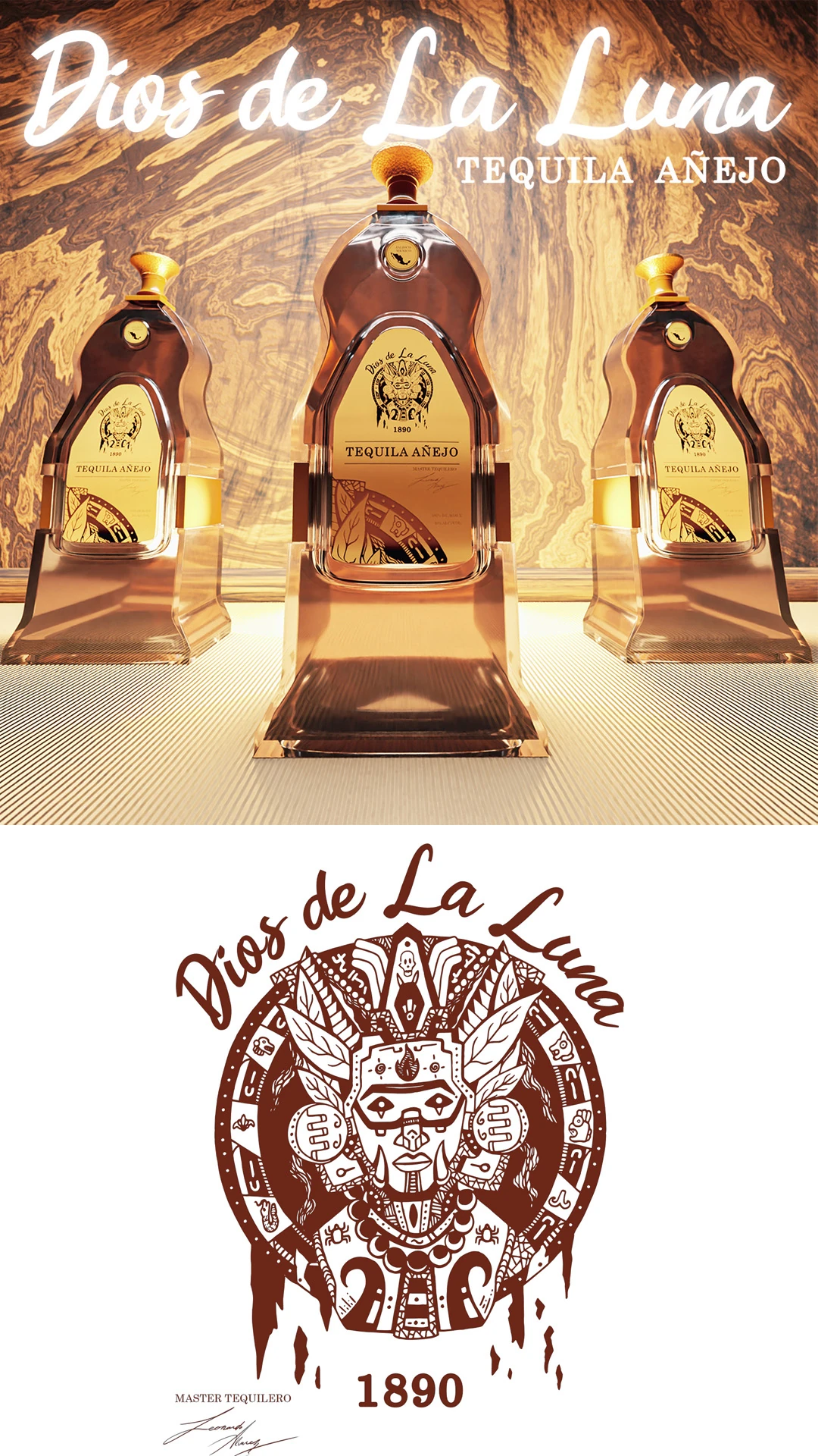 creative-services-dios-de-la-luna-tequila-bottle-branding Three Dios de la Luna tequila bottles on a wood backdrop above the brand's Aztec emblem logo.