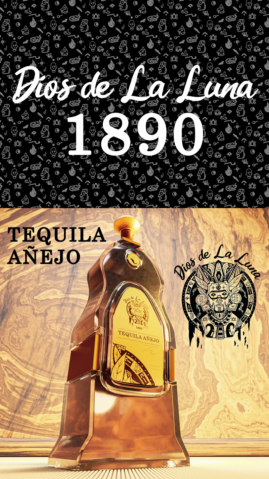 creative-services-dios-de-la-luna-tequila-label-design Dios de la Luna 1890 dark skull pattern above a close up of the tequila bottle and emblem.