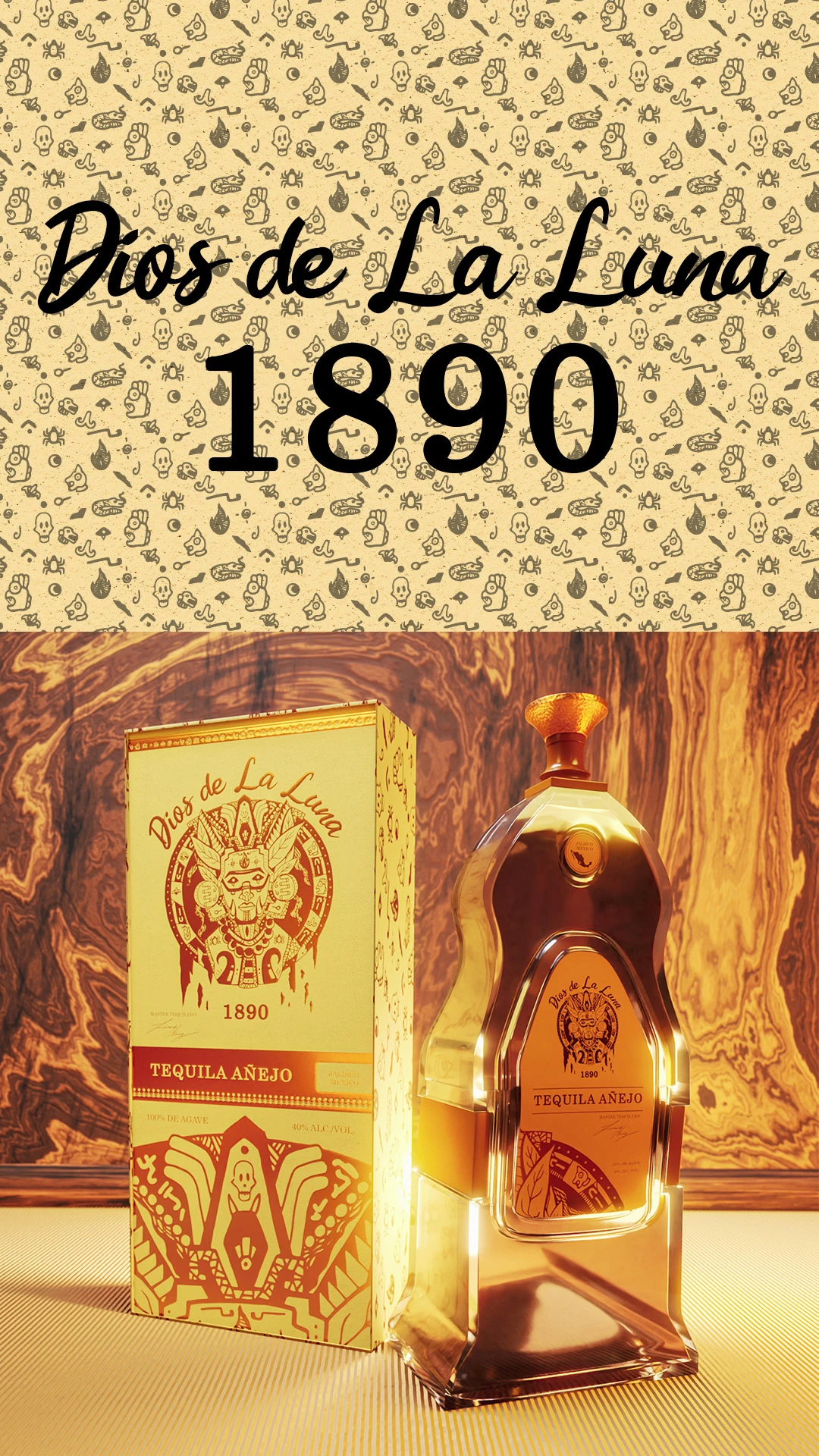 creative-services-dios-de-la-luna-tequila-packaging-pattern Dios de la Luna 1890 skull pattern design above the tequila's gold gift box and bottle.